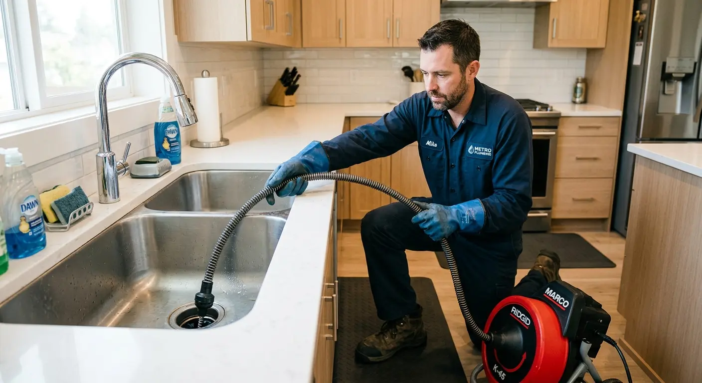 Drain cleaning technician using a motorized snake on a kitchen sink in Jarrell
