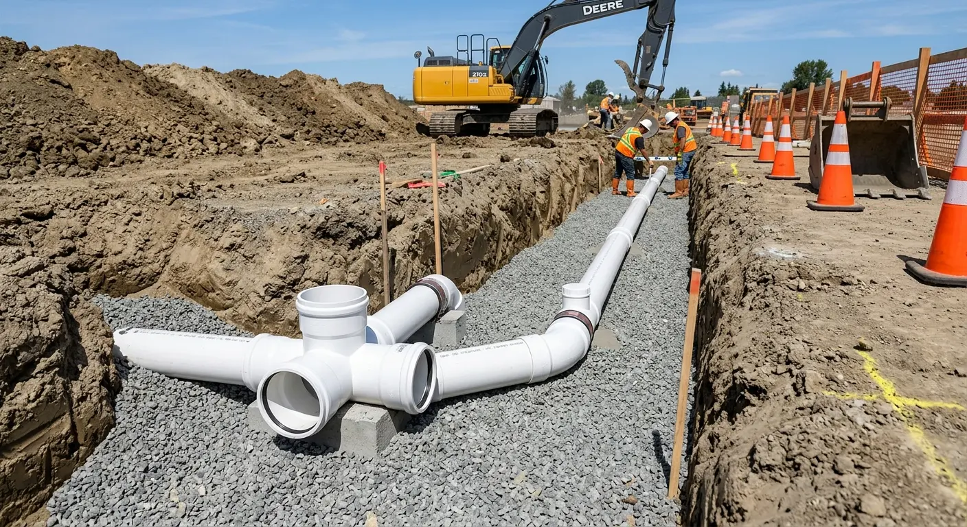 New PVC sewer pipe installation in open trench for Commercial Drain Cleaning in Jarrell