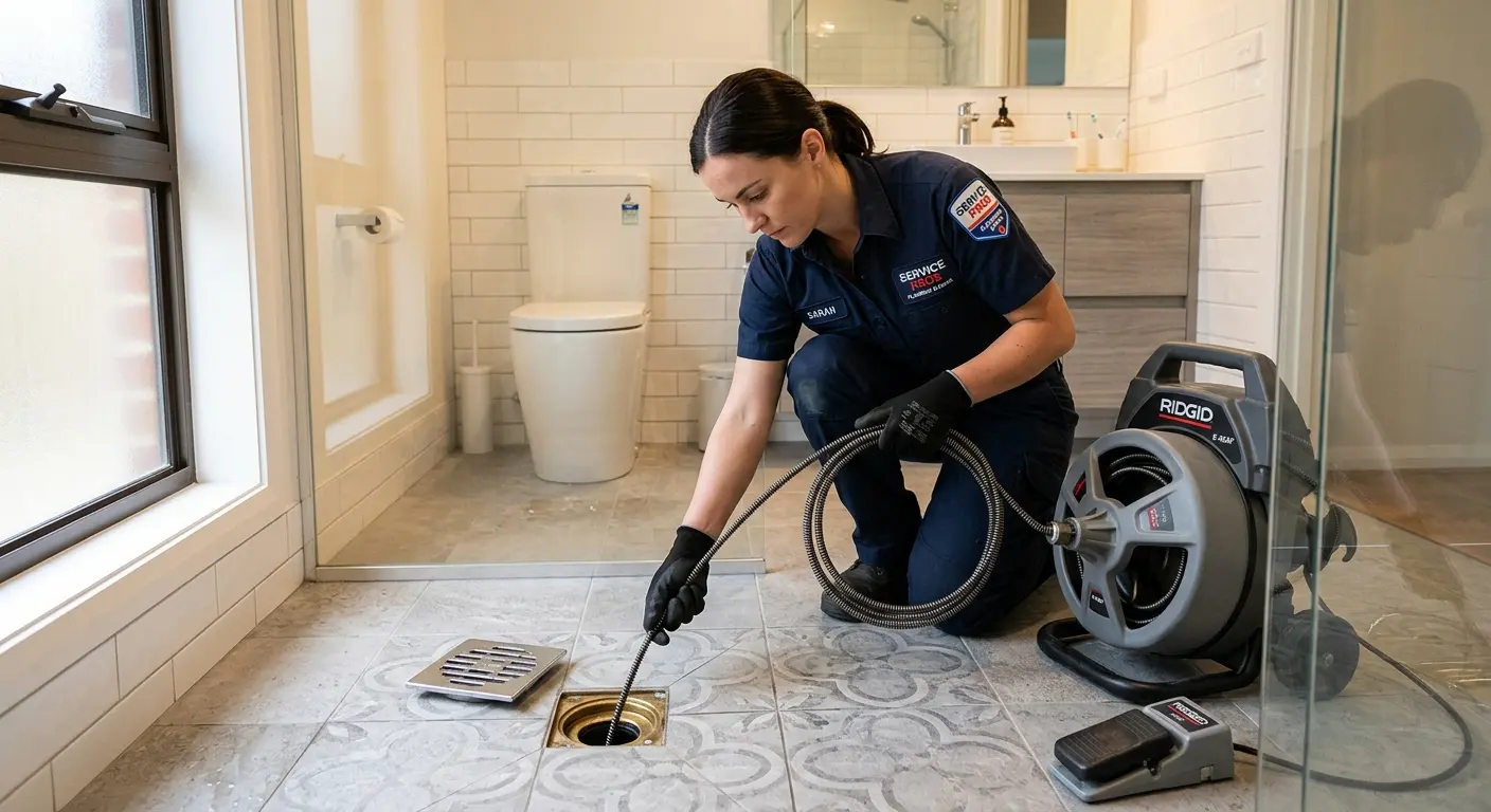 Technician clearing a bathroom floor drain for Clogged Drain Repair in Jarrell